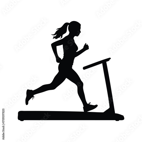 Silhouette of a woman running on a treadmill for a workout session, woman running on treadmill silhouette vector illustration