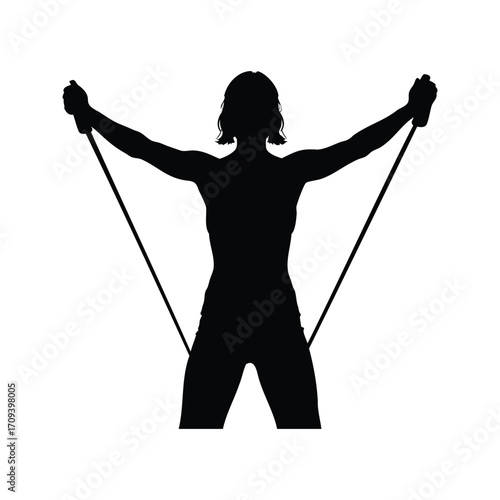 Silhouette of a woman doing resistance band training with arms extended, woman with resistance bands silhouette vector illustration