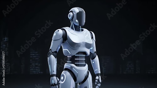 A sleek, futuristic humanoid robot with a metallic white and black exoskeleton stands against a dark, blurred cityscape background.