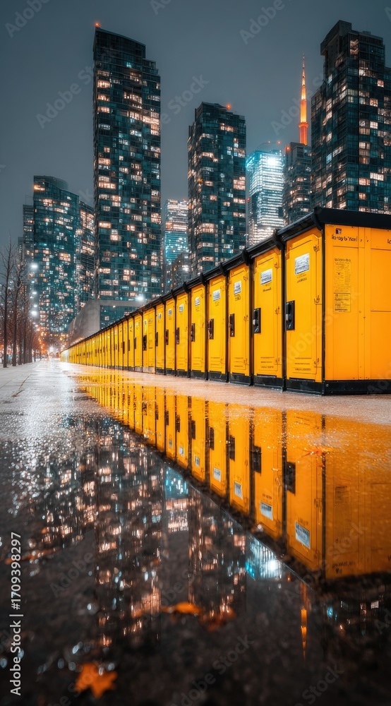 Fototapeta premium Cityscape at night, yellow lockers, reflections