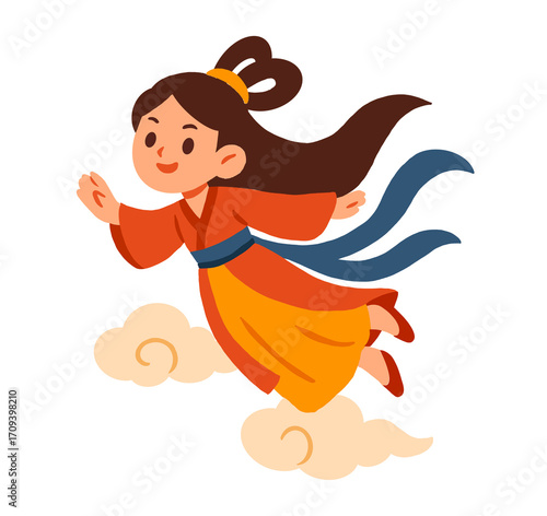 Cartoon Illustration of Chang'e on Clouds