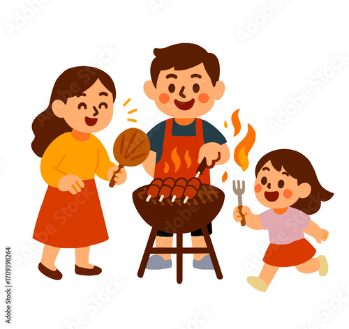 Illustration of Family Barbecuing Outdoors