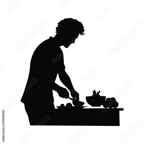 Silhouette of a man preparing food on a table with various items, chopping vegetables silhouette vector illustration