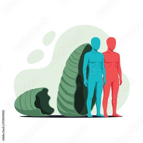 Two figures emerging from a large shell.