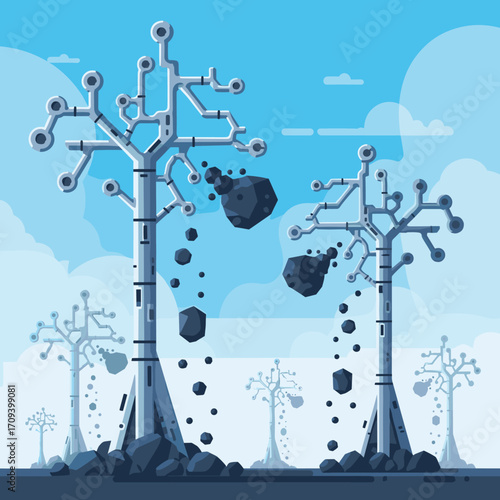 Futuristic alien trees with falling rocks under a cloudy sky.