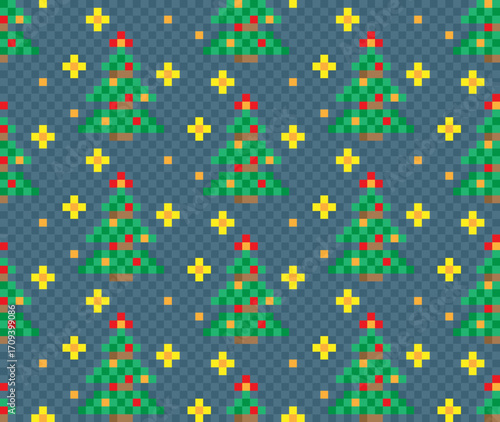Seamless pixel background with new year tree.
