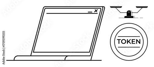 Laptop with a blank browser window, circular token labeled TOKEN, balance scale symbolizing fairness. Ideal for blockchain, cryptocurrency, finance, trade, technology legal equality. Simple flat