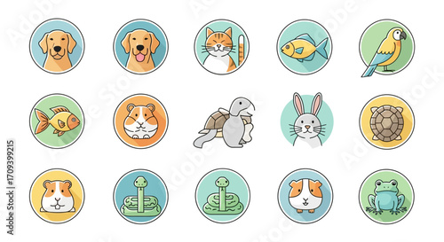 Flat lay of colorful pet icons: dog, cat, fish, bird, rabbit, turtle, guinea pig, frog, snake;  illustrated in a cheerful pastel style against a white background.