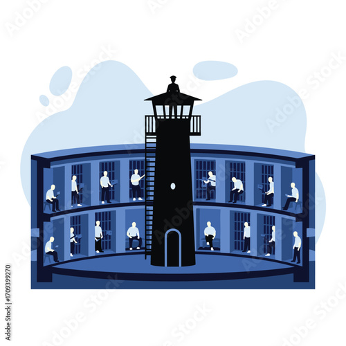 Prison Panopticon Surveillance Tower with Inmates in Cells.