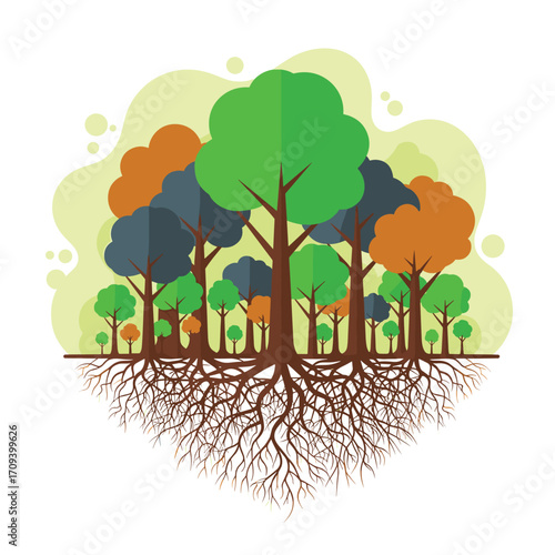 Forest ecosystem with visible root system illustration.