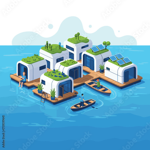 Eco-friendly floating houses with solar panels and green roofs on water.