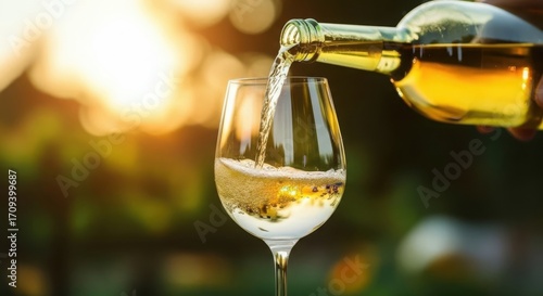 Golden white wine poured into a crystal glass outdoors at sunset