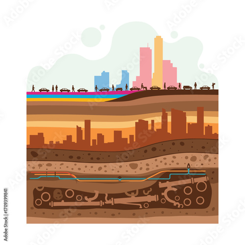 Cross section of urban underground infrastructure with city above.