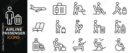 Collection of tourism and airline passenger icons including flight and baggage