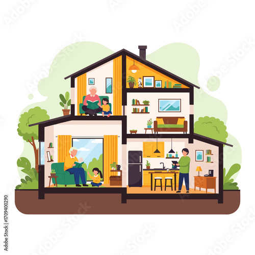 Cross section of a modern house showing different rooms and family members.