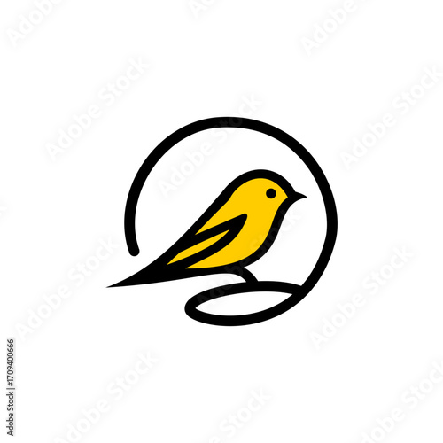 Minimalist vector illustration of a yellow canary bird inside a circular outline
