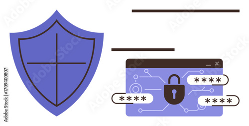Shield next to browser window with lock and password fields, symbolizing internet safety, privacy, protection, online security, encryption, secure login, and data integrity. Ideal for technology