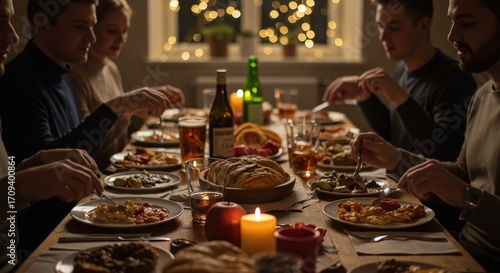 Friends Dining Together at Dinner Table with Candles and Food.