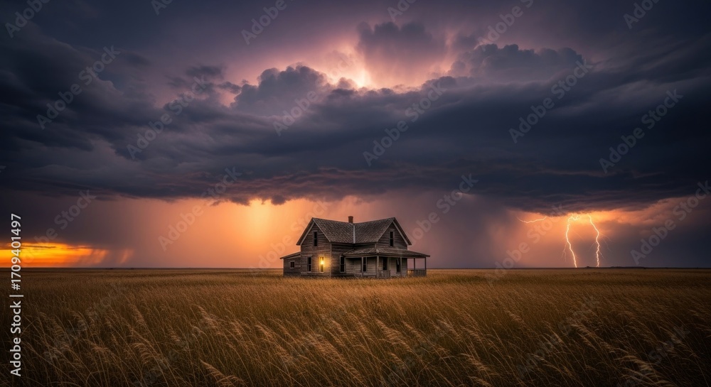 Fototapeta premium Dramatic storm over an abandoned farmhouse, with lightning striking in the distance and a golden sunset adding contrast to the scene