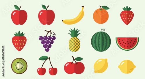 Flat lay of various colorful fruit icons including apples, bananas, strawberries, and watermelon against a light green background, showcasing a simple, vector graphic