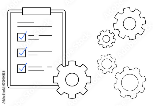 Clipboard with a checklist and multiple interlocking gears representing teamwork, workflow, task management, process efficiency, productivity, goal setting, and a simple landing page