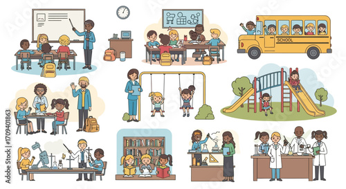 Flat lay illustration of diverse children participating in various school activities, including classroom lessons, science experiments, playground fun, and