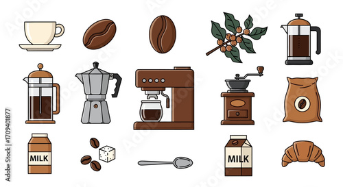Flat lay illustration of various coffee brewing equipment and accessories, including beans, grinder, French press, moka pot, and milk cartons, in warm brown tones