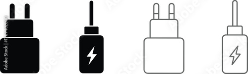 Battery icon set, black and white charge indicators, lightning bolt symbols, energy levels, power status, stylized graphic, tech interface illustration