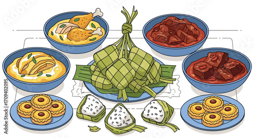 Flat lay illustration of assorted Malaysian Eid dishes: ketupat, rendang, kuih, and fruit, arranged on a white background with a vibrant, warm color palette.