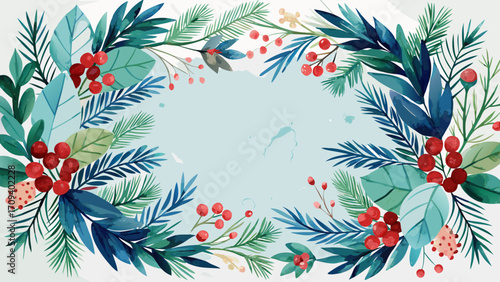 Winter berry and evergreen branch border with light blue background