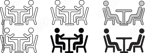 Conversation icon set, two people at table, black and white symbols, social interaction, meeting gesture, communication graphic, stylized minimal illustration