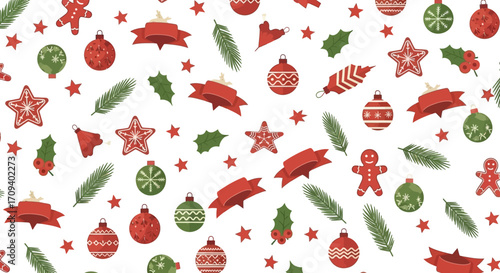 Flat lay pattern of red and green Christmas ornaments, stars, and holly leaves against a white background, featuring a festive and joyful mood.
