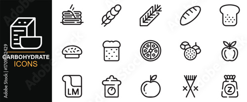 Creative vector icons of carbohydrate sources including bakery goods and cereals