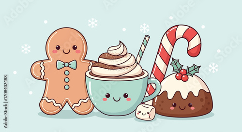 Cute cartoon illustration of a gingerbread man, hot chocolate with whipped cream, candy cane, and Christmas pudding against a light blue background, flat lay style,