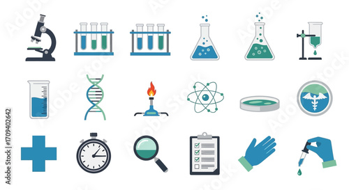 Flat lay illustration of various science lab equipment, including beakers, test tubes, microscope, and DNA strand, against a clean white background, in a teal and blue