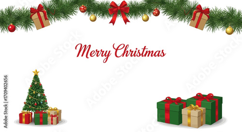 Flat lay Christmas illustration: Festive garland, gifts, and small Christmas tree against a white background, conveying a cheerful holiday mood.