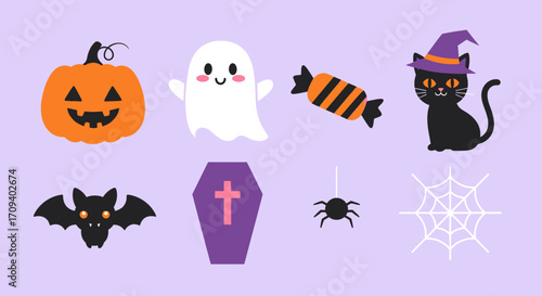 Flat lay illustration of Halloween icons: pumpkin, ghost, candy, black cat, bat, coffin, spider, and web; against a light purple background with a playful, spooky style.
