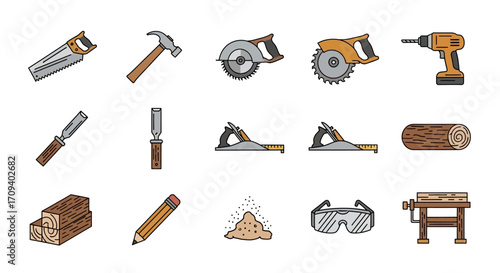 Flat lay of carpentry tools and lumber;  hand saw, hammer, circular saw, drill, chisel, plane, pencil, wood, sawdust, safety glasses, workbench;  illustration style,