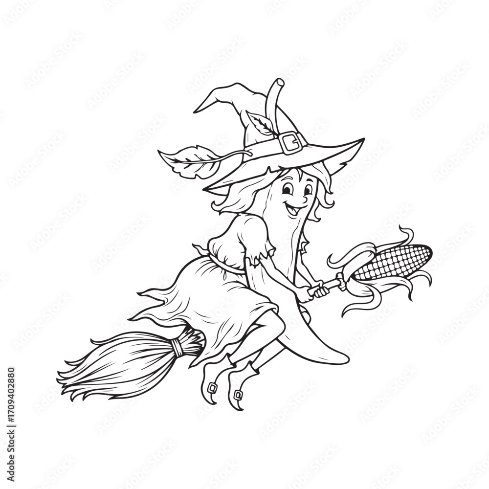 Obraz premium Cartoon witch flying on broom with corn coloring page art