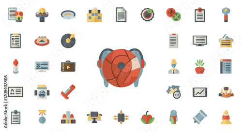 Flat lay image of diverse flat design icons, showcasing a variety of subjects, in a vibrant, colorful style against a white background.