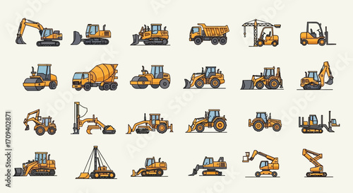 Flat lay illustration of various yellow construction vehicles and equipment against a beige background, showing a collection of bulldozers, excavators, and other