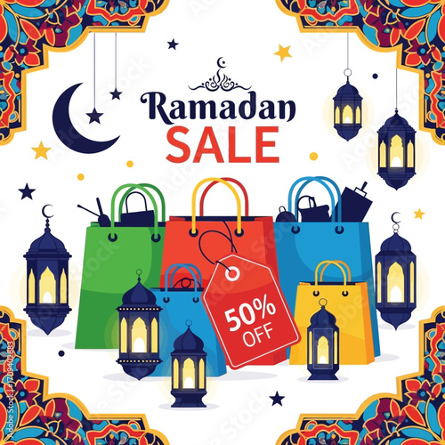 Flat lay image of colorful shopping bags with 50% off sale tag, Ramadan lanterns, crescent moon and stars against a white background, conveying a festive and celebratory