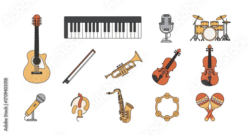 Flat lay of various musical instrument icons: guitar, piano, drums, violin, trumpet, saxophone, microphone, and more, in a warm, earthy color palette against a white