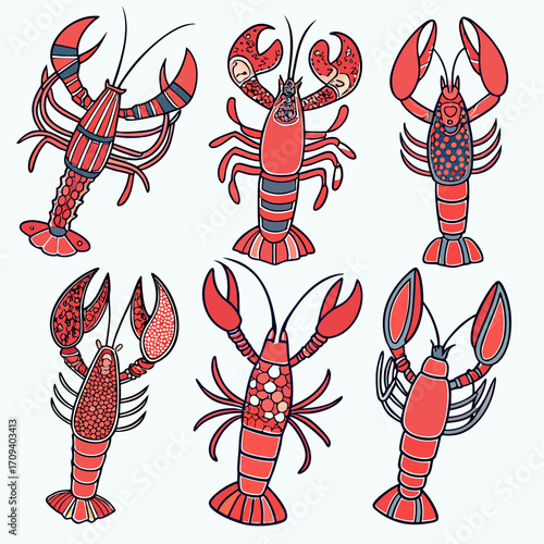 a group of lobsters with different designs
