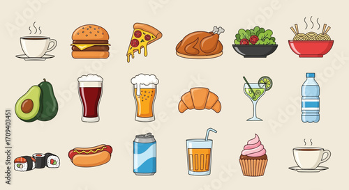 Flat lay of various food and drink icons; cheeseburger, pizza, coffee, beer, sushi, croissant, cocktail, avocado, salad, chicken, hot dog, soda, cupcake, water bottle;