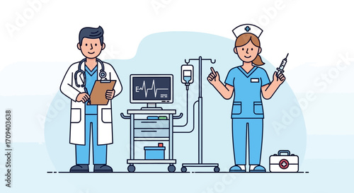 Flat illustration of a male doctor and female nurse standing near medical equipment, holding a clipboard and syringe, against a light blue background conveying a calm