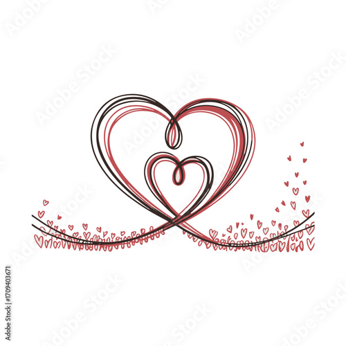 Continuous line heart border with red painted heart. valentine love vector illustration on white and transparent background.