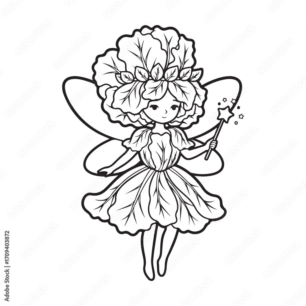 Fototapeta premium Outline drawing of a fairy with wings and a magic wand