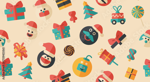 Flat lay seamless pattern featuring Christmas icons: presents, lollipops, Santa hats, and smiling characters against a beige background, conveying a cheerful holiday