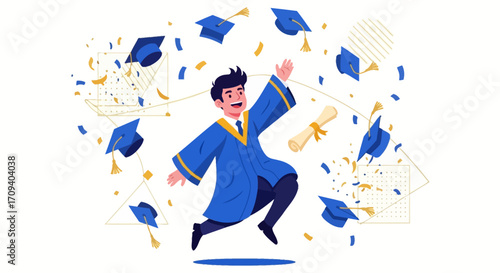Joyful graduate student jumping, celebrating graduation with diploma and confetti, flat illustration against white background, conveying a celebratory mood.